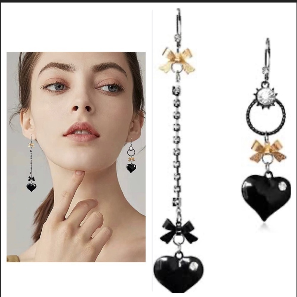 Coquette Black Heart Bow Mismatch Dangle Earrings